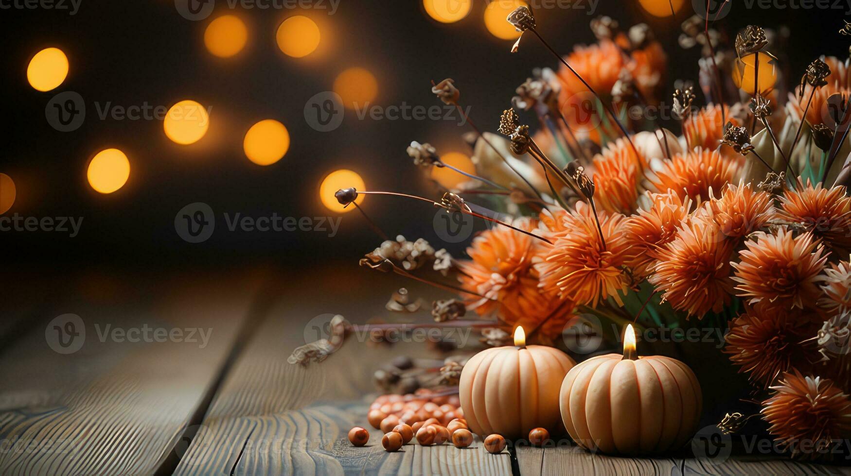 Autumn pumpkin arrangement on a wood background by generative AI photo
