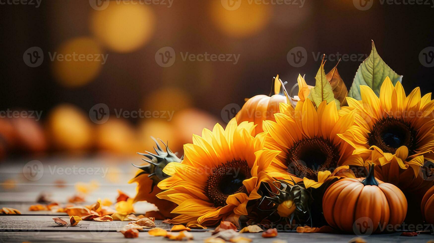 Autumn sunflower arrangement on a wood background by generative AI photo
