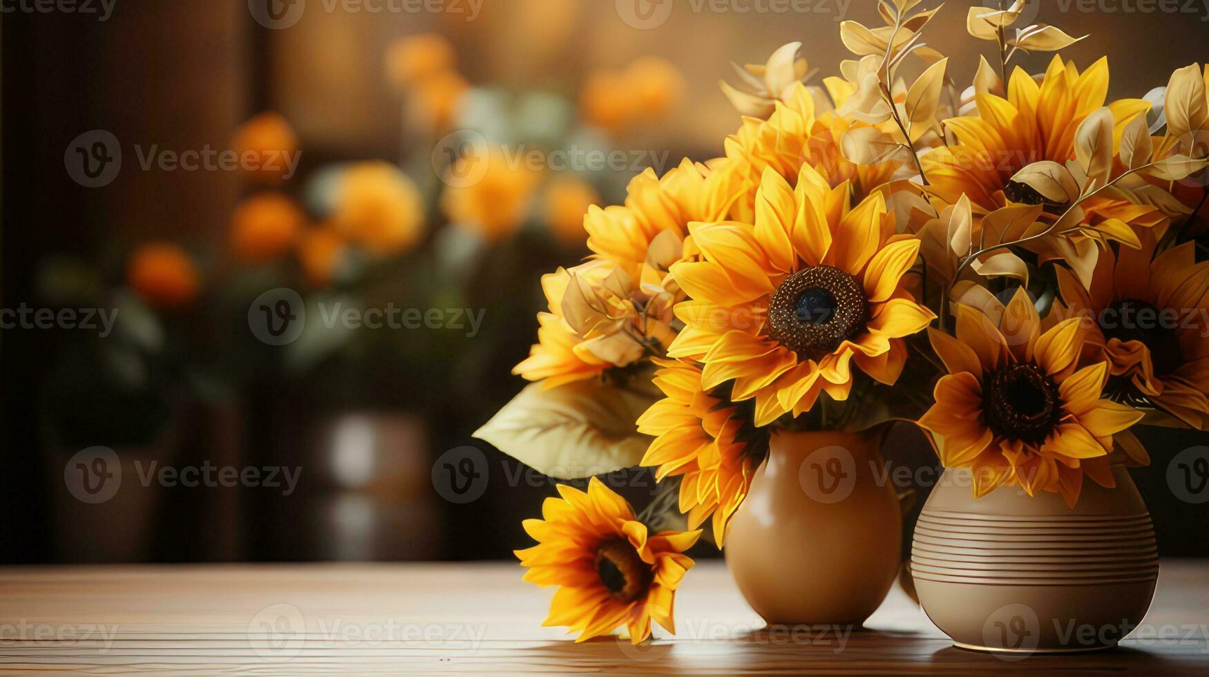 Autumn sunflower arrangement on a wood background by generative AI photo