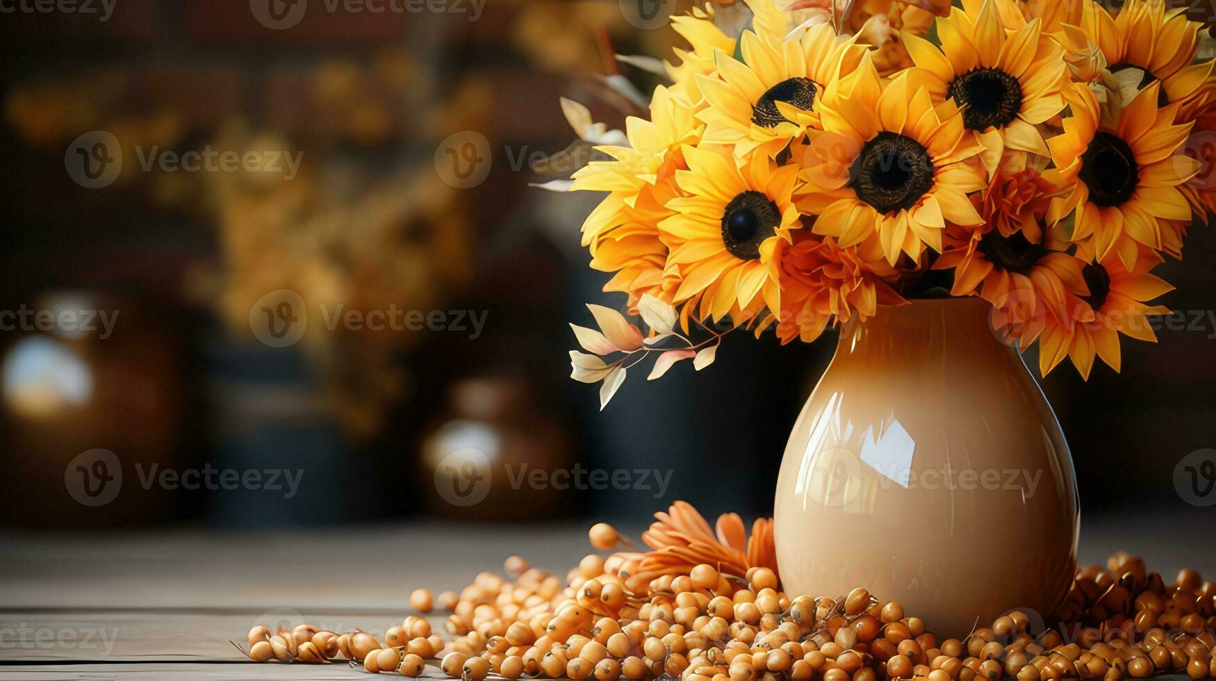 Autumn sunflower arrangement on a wood background by generative AI photo