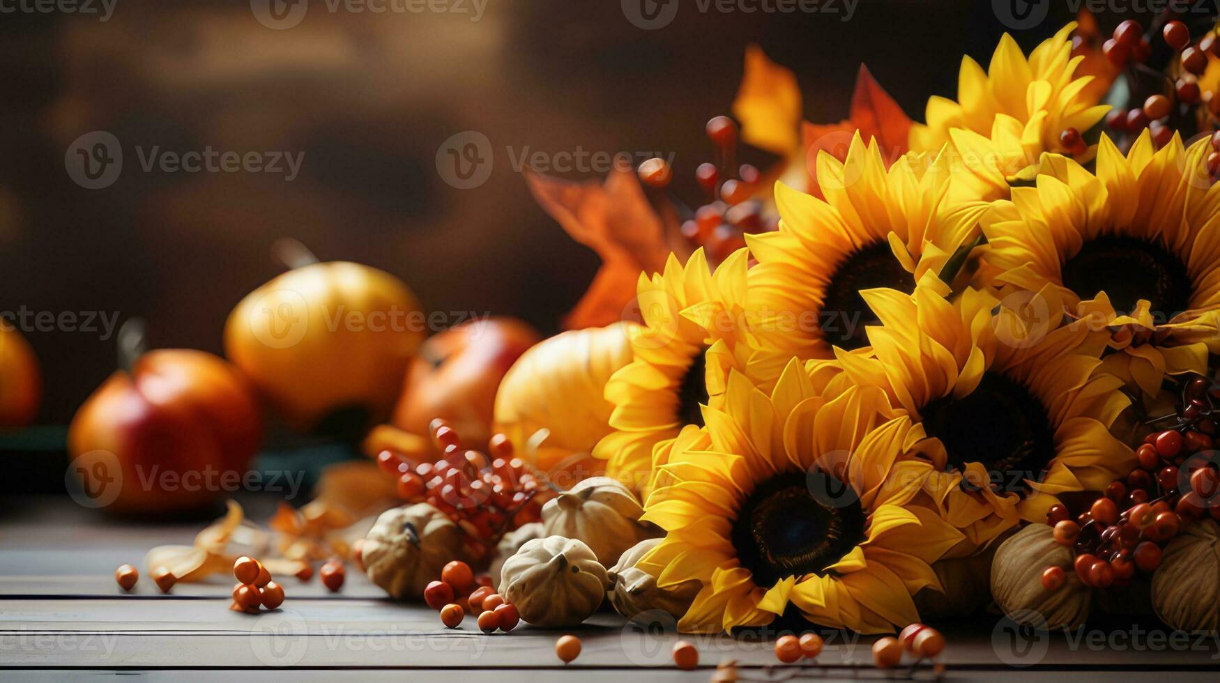 Autumn sunflower arrangement on a wood background by generative AI photo