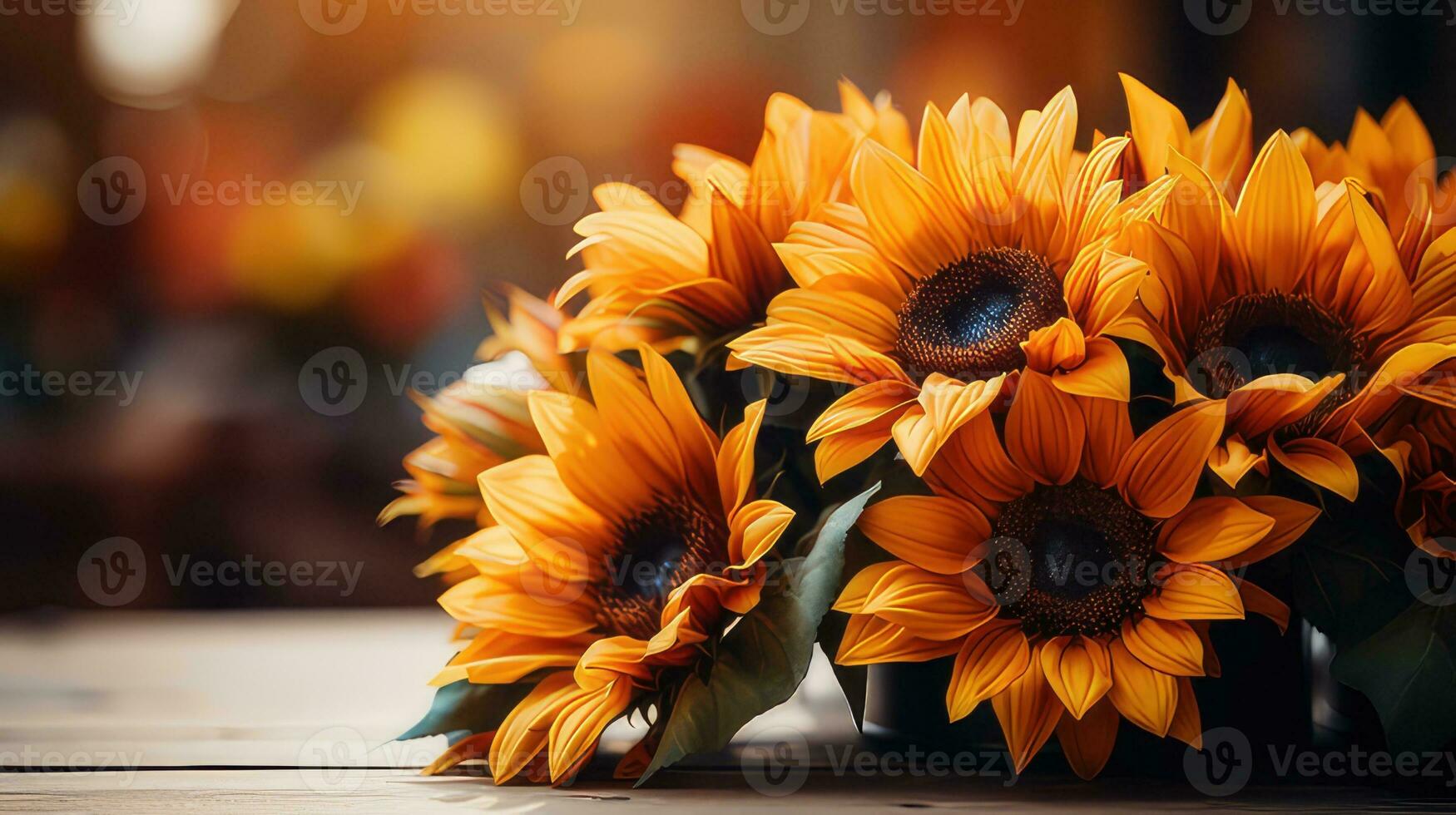 Autumn sunflower arrangement on a wood background by generative AI photo