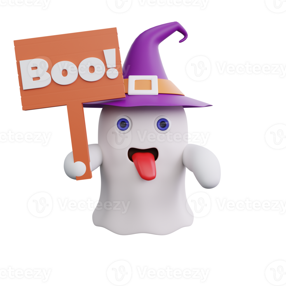 3D Ghost holding a sign that says boo halloween png