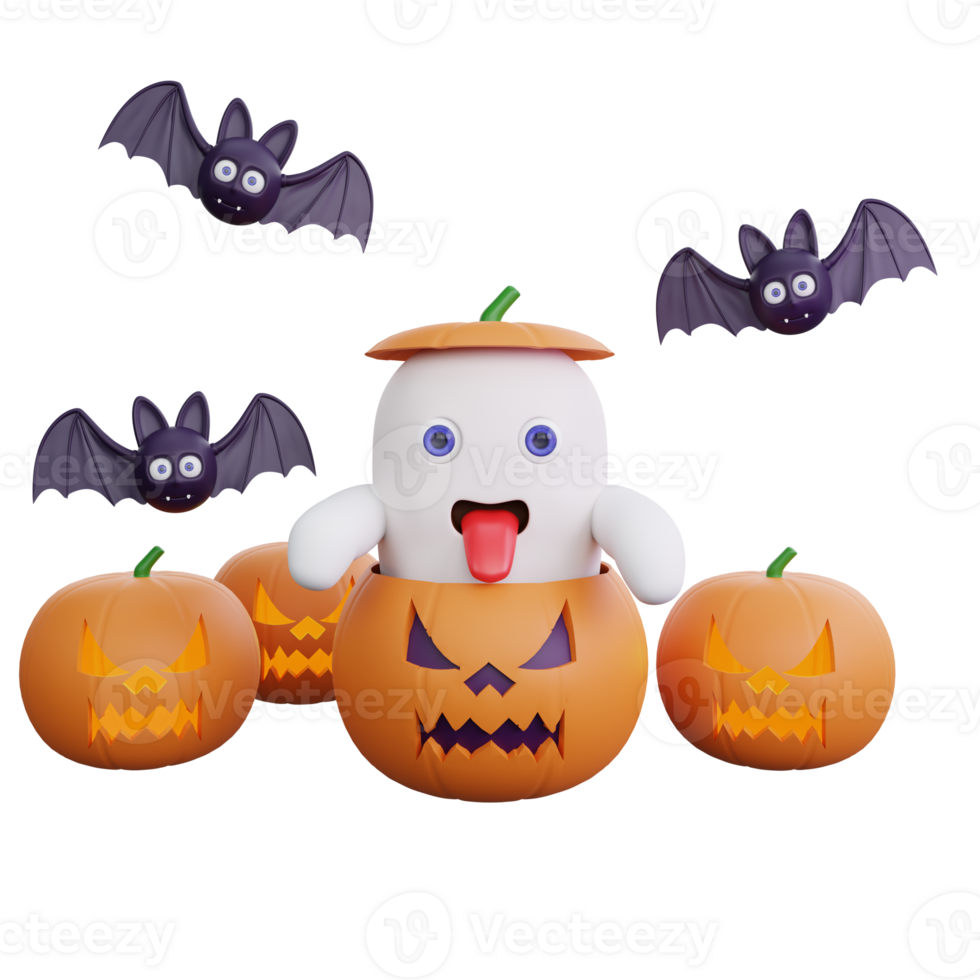 3D Ghost inside a pumpkin with a scary pose halloween png