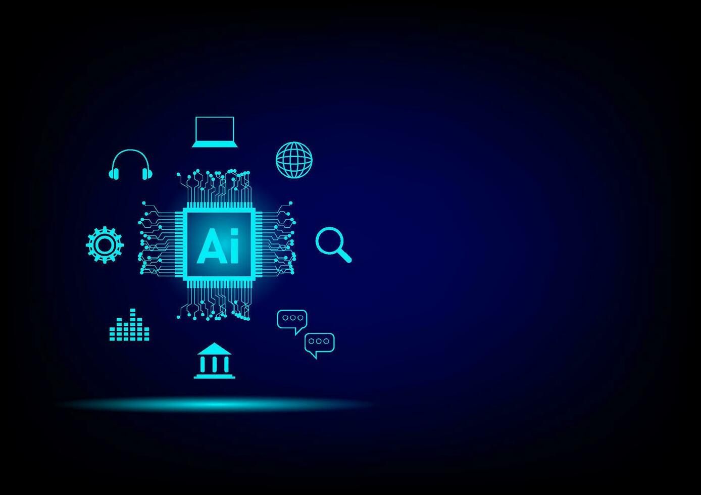 Artificial intelligence concept. Ai and circuit board technology with icons such as laptop, bank, searching, data chat and music on blue background. Innovation and idea. vector