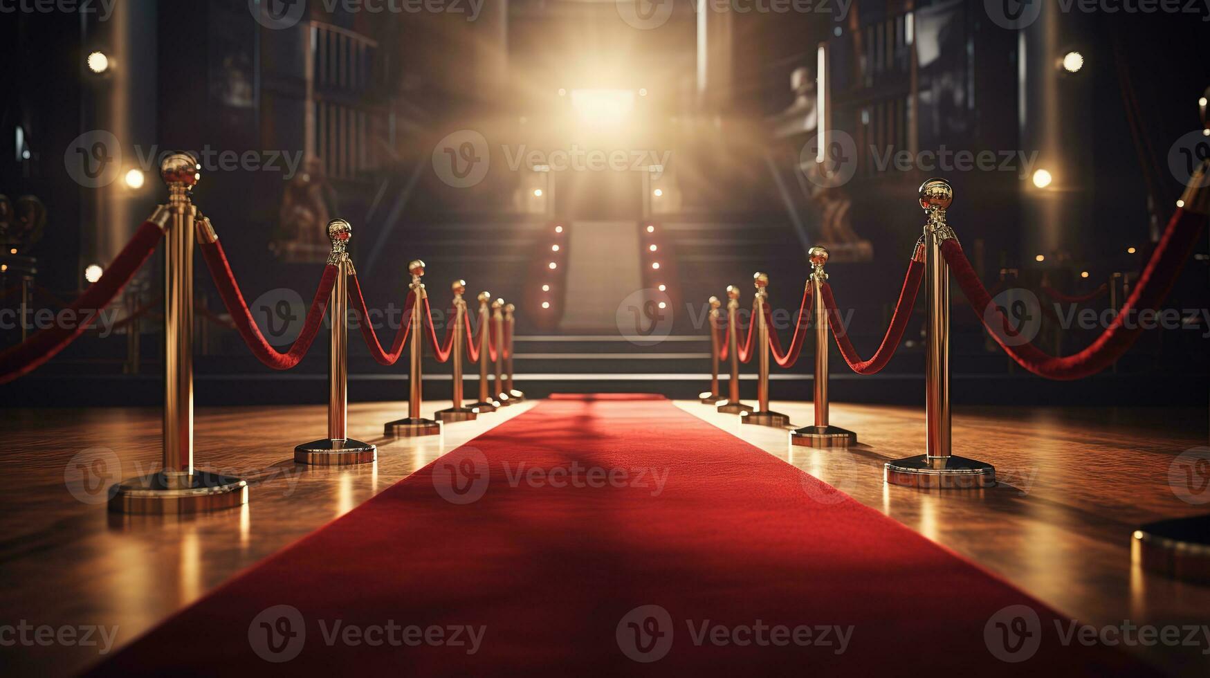 Red carpet rolling out in front of glamorous movie premiere background, Generative AI photo