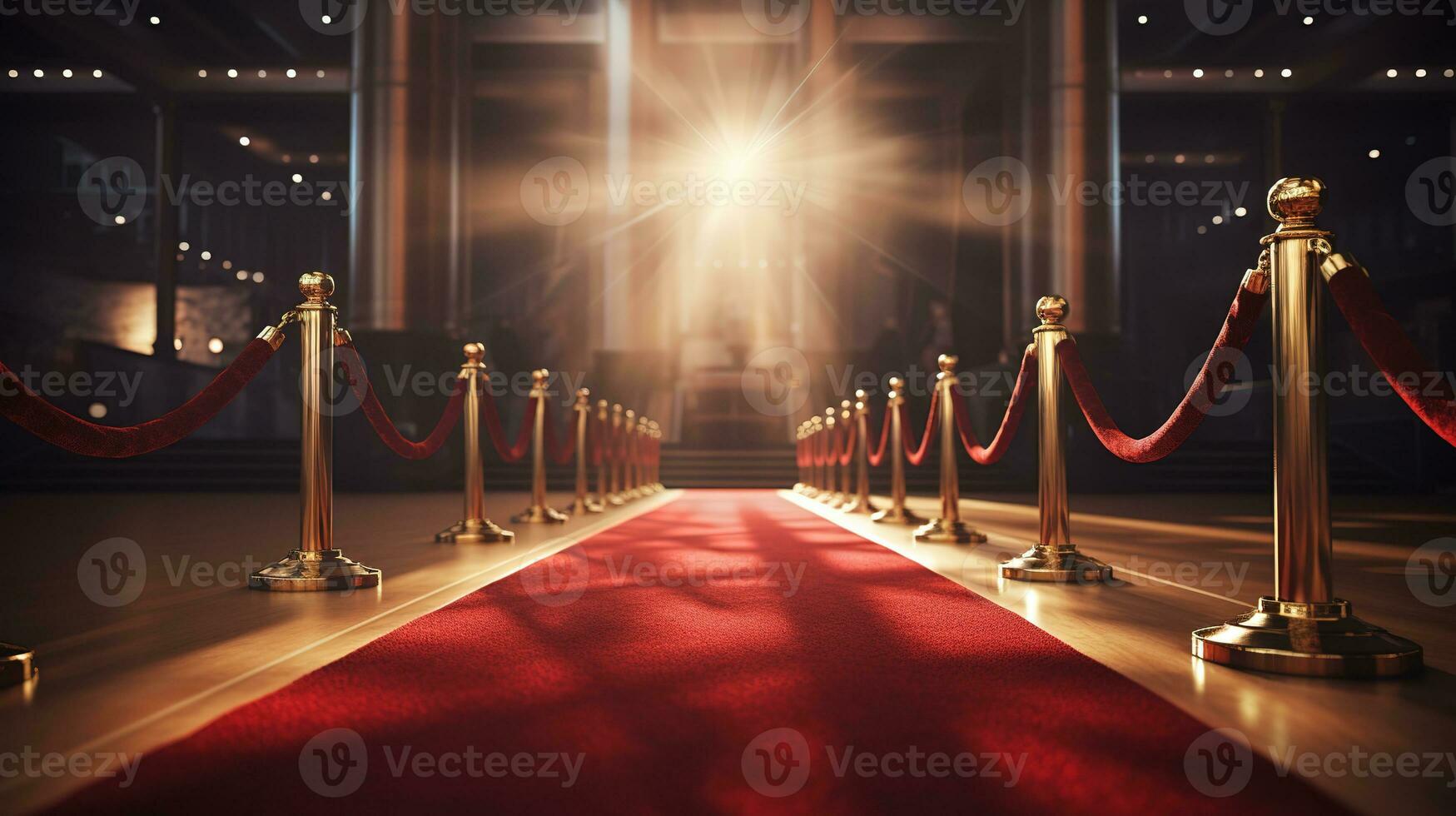 Red carpet rolling out in front of glamorous movie premiere background, Generative AI photo