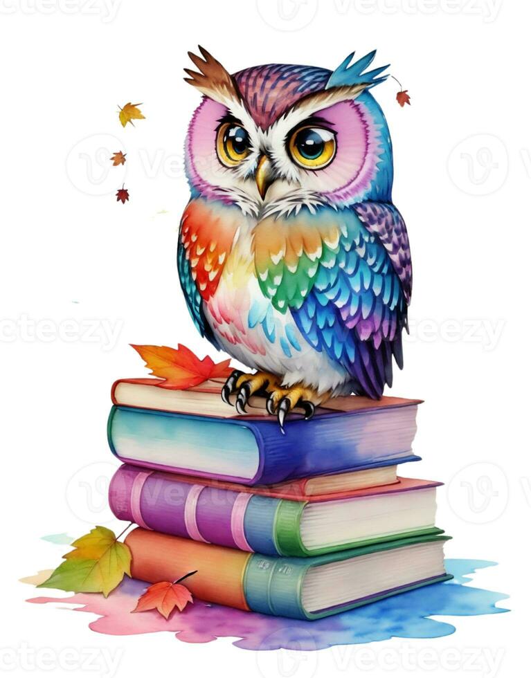 graphics large colorful owl sitting on books photo