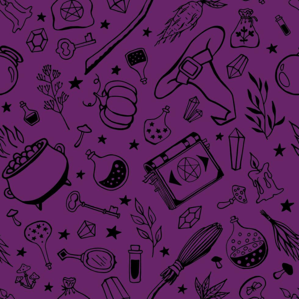Seamless pattern with hand drawn magic tools, concept of witchcraft. Witchcraft, magic background for witches and wizards. vector
