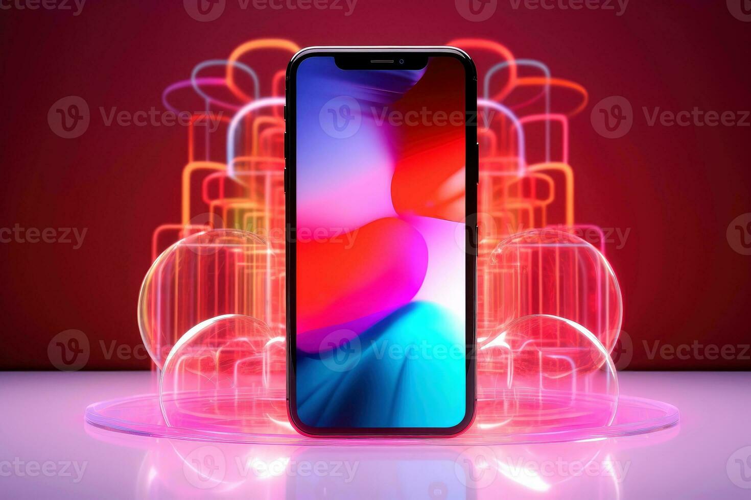 Mockup of beautiful smartphone mobile with multicolor background, Generative AI illustration photo