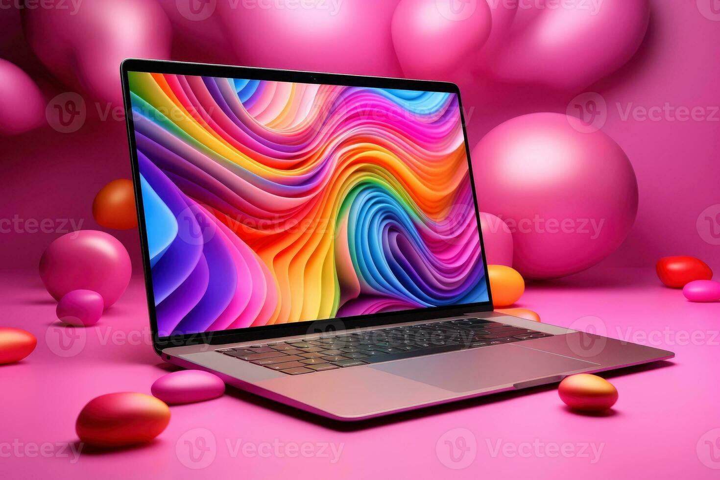 Mockup of beautiful laptop with multicolor background, Generative AI illustration photo
