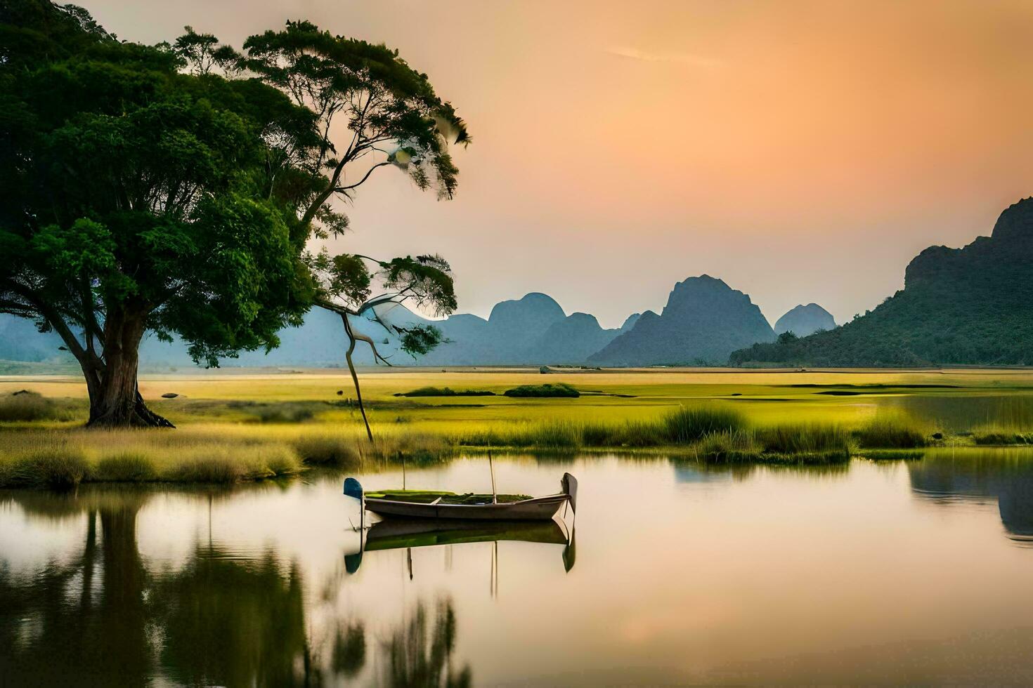 a boat sits on the water in front of a tree. AI-Generated photo