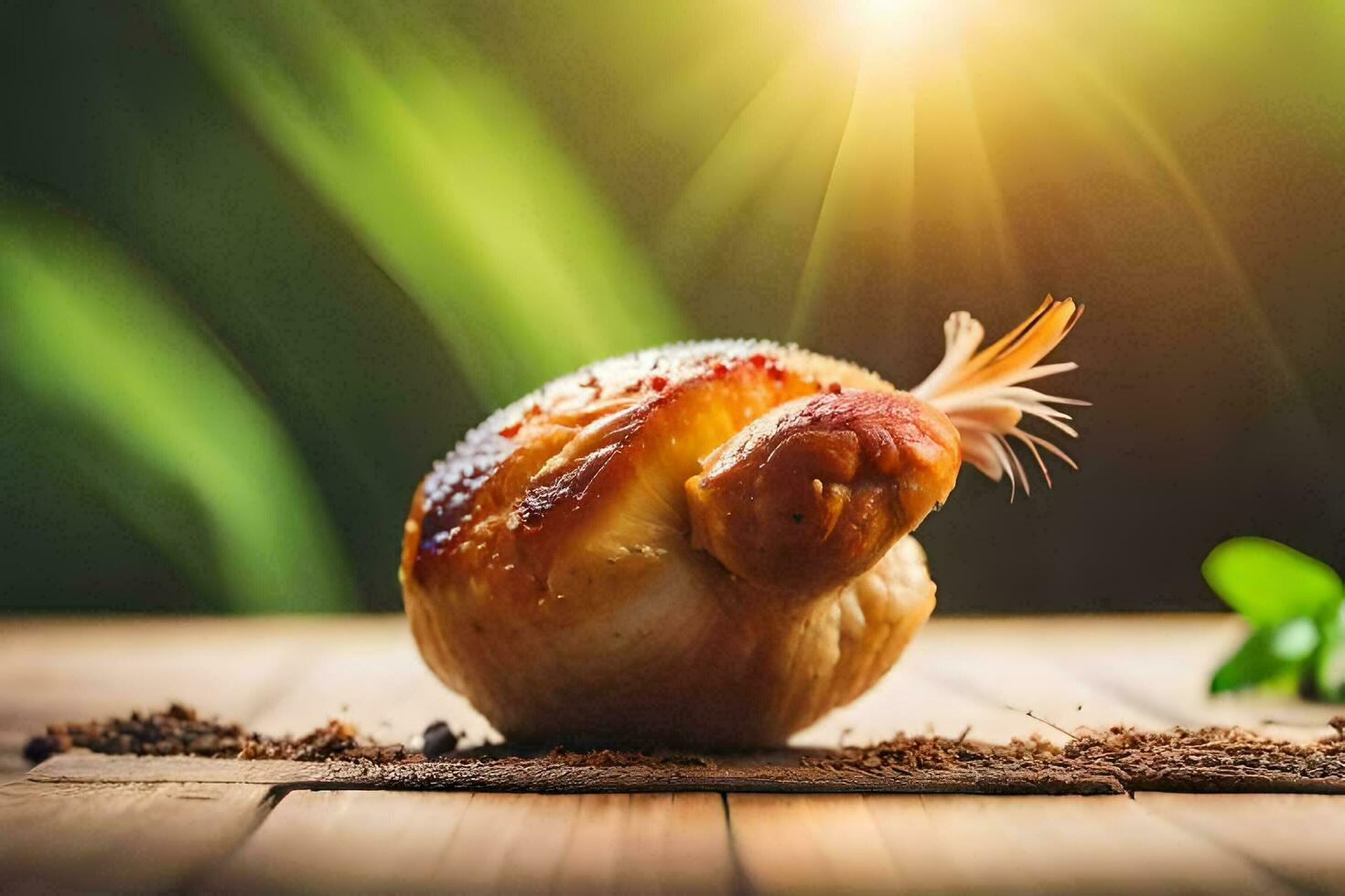 a roasted chicken on a wooden table. AI-Generated photo