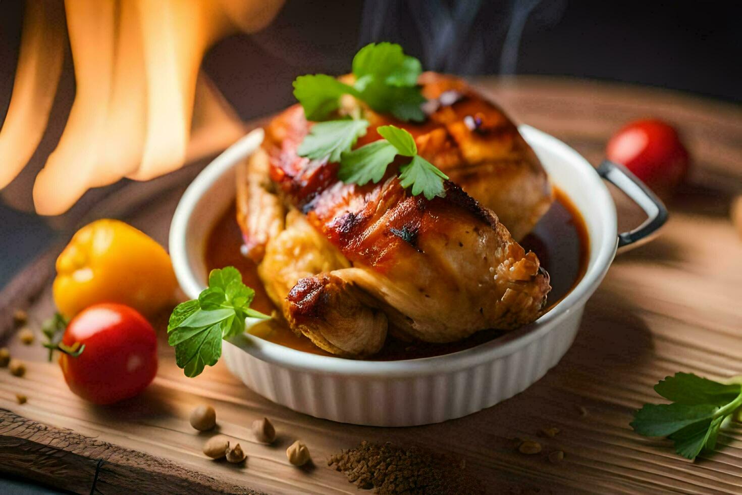 grilled chicken in a white bowl with herbs and spices. AI-Generated photo