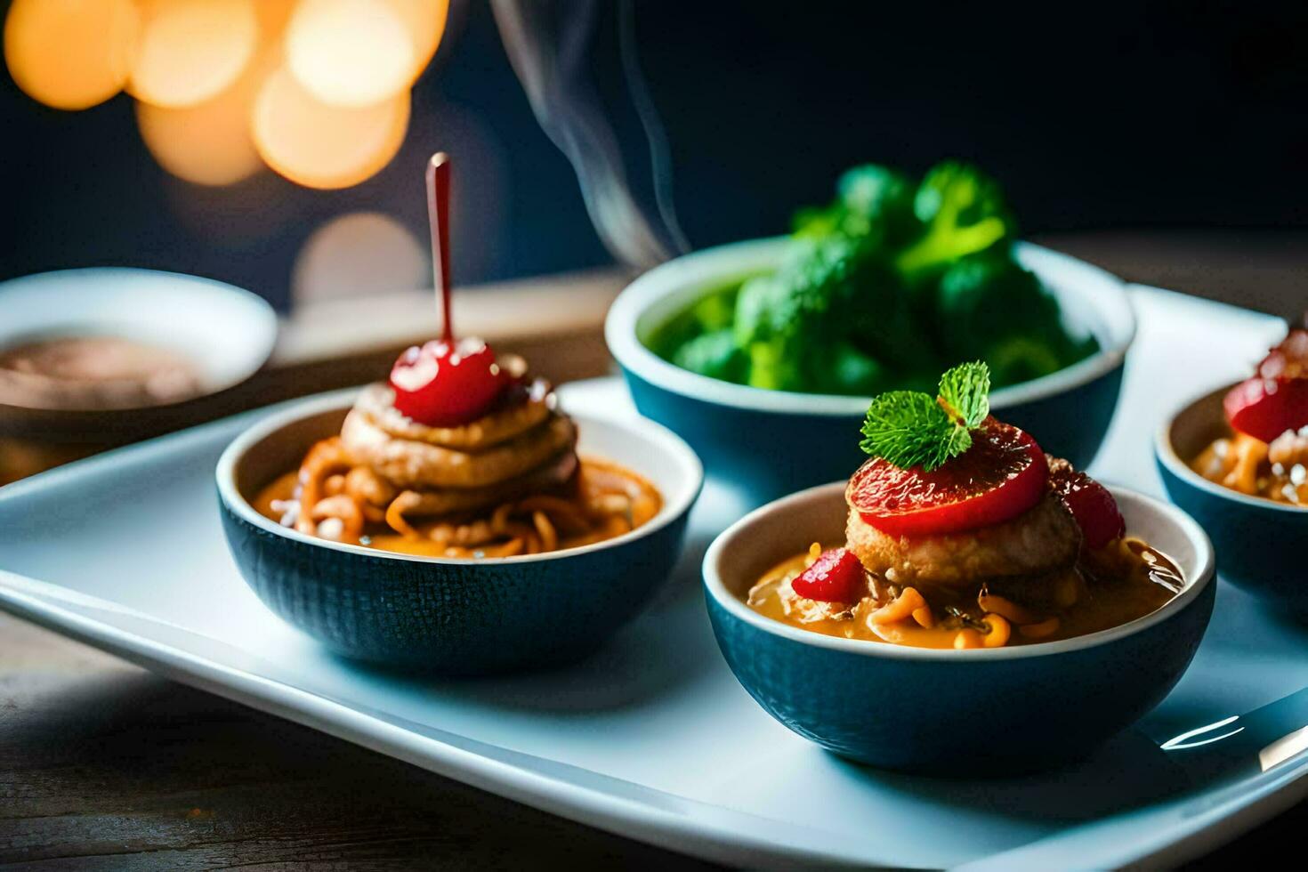 three small bowls with food on them. AI-Generated photo