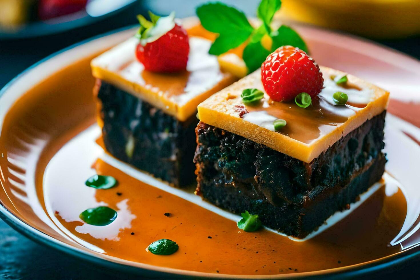 two pieces of chocolate cake with strawberries on a plate. AI-Generated photo