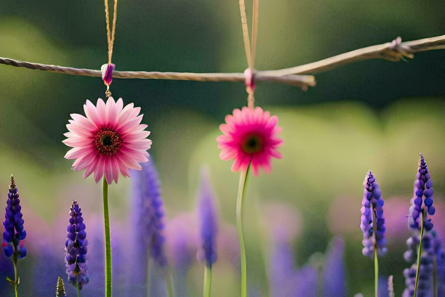 two pink flowers hanging from a branch in a field. AI-Generated photo