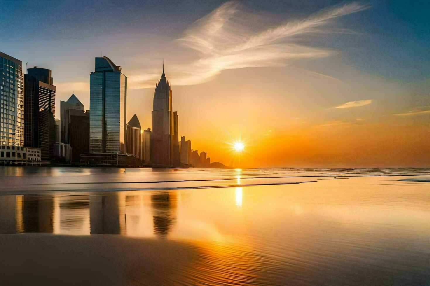 the sun sets over the city skyline in dubai. AI-Generated photo