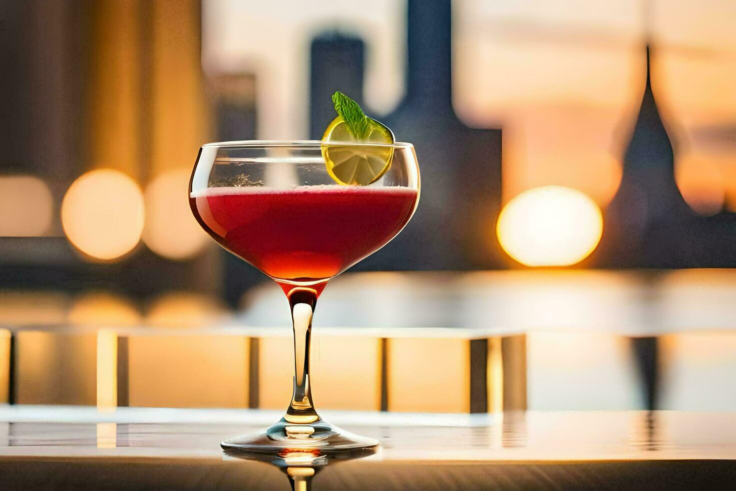 a cocktail in a glass with a city skyline in the background. AI-Generated photo