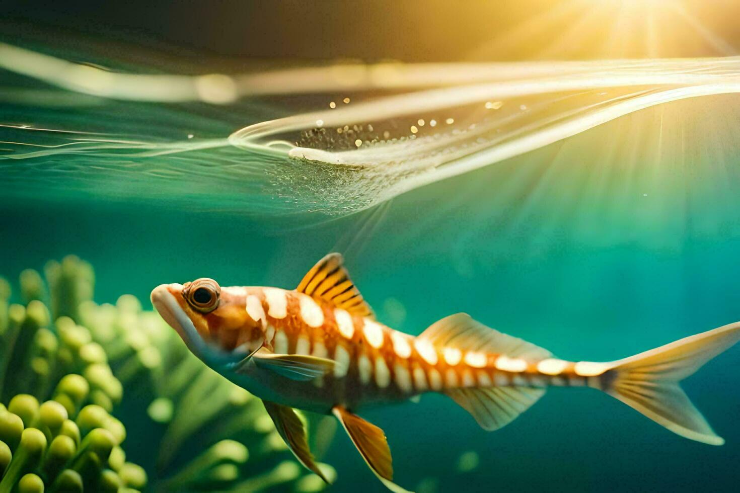 a fish swimming in the ocean with sunlight shining. AI-Generated photo