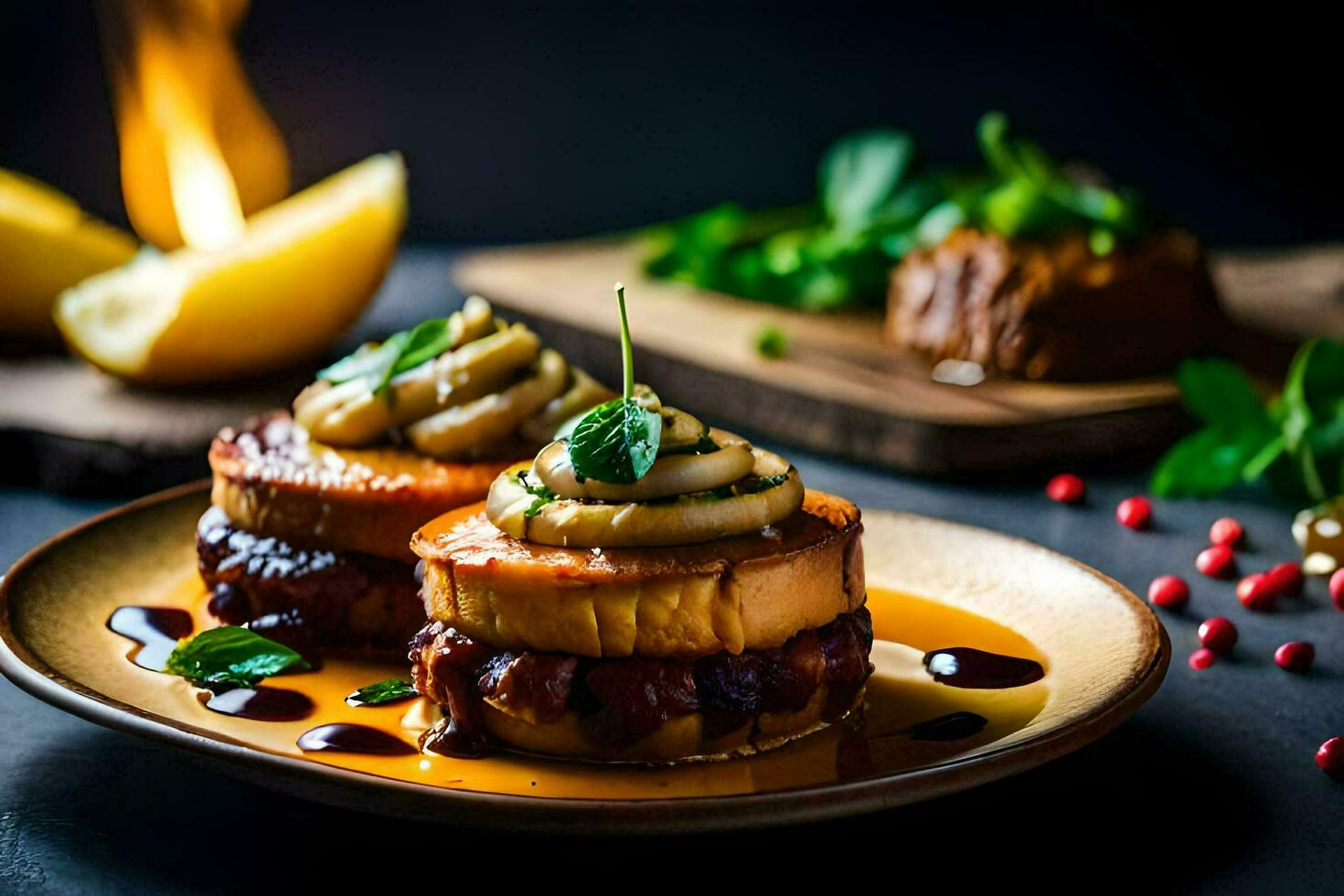 two small plates with food on them. AI-Generated photo