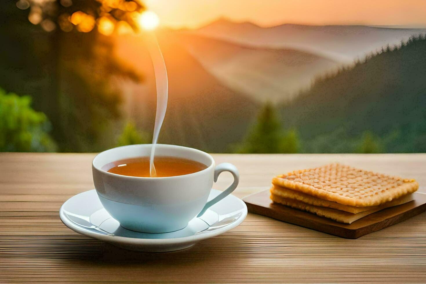 a cup of tea and biscuits on a wooden table. AI-Generated photo