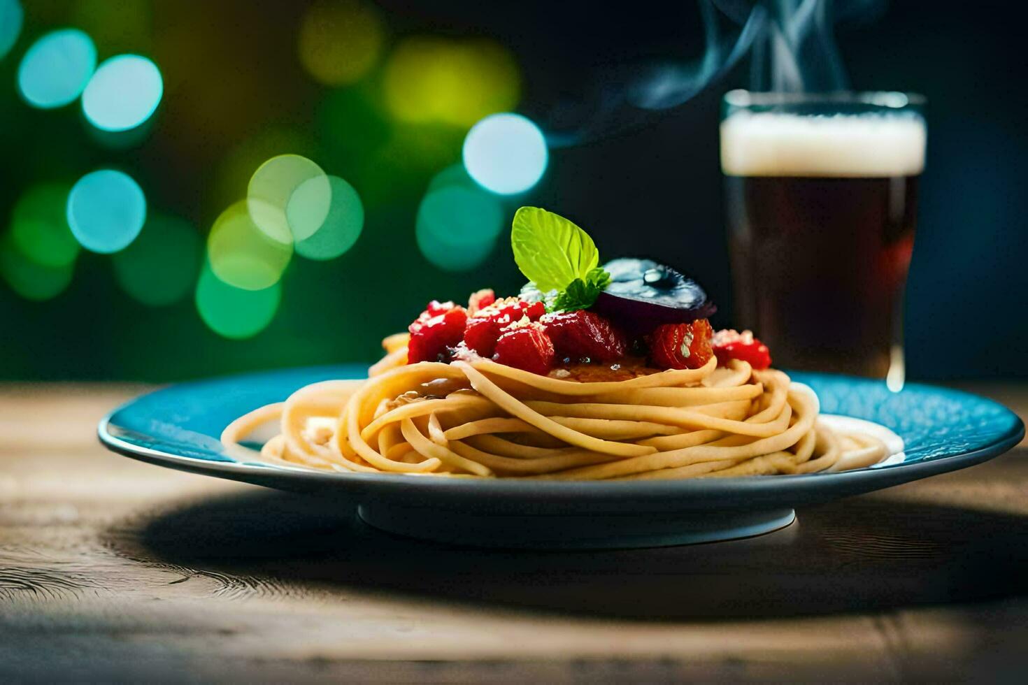 spaghetti with tomato sauce and olives on a plate. AI-Generated photo