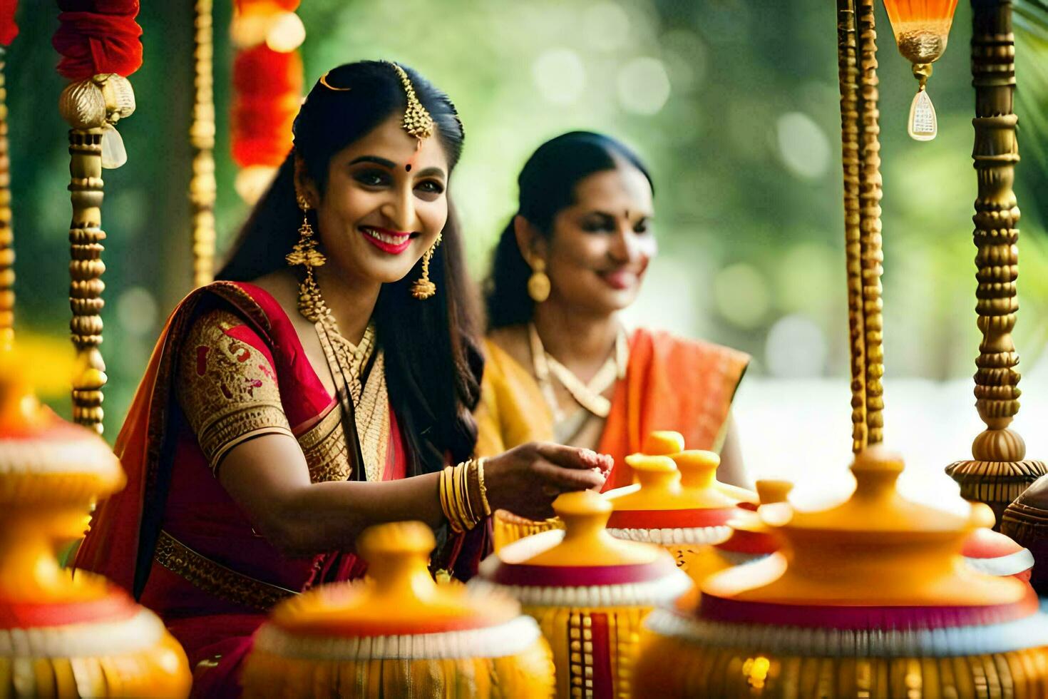 two women in traditional indian attire are smiling and holding pots. AI-Generated photo