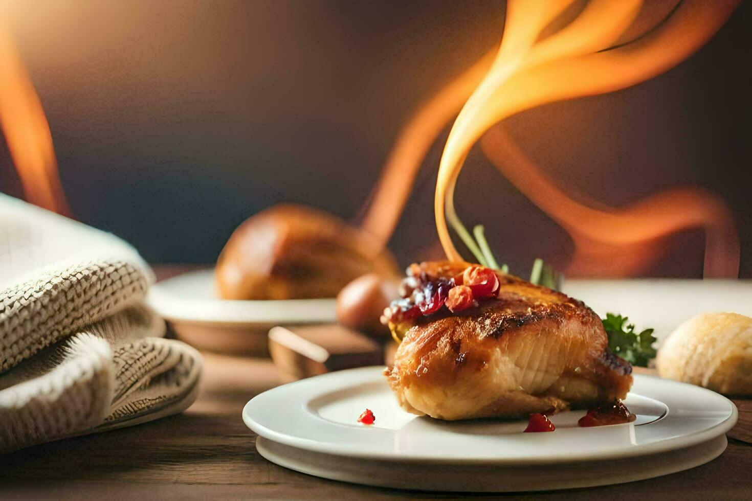 a piece of chicken on a plate with a flame. AI-Generated photo