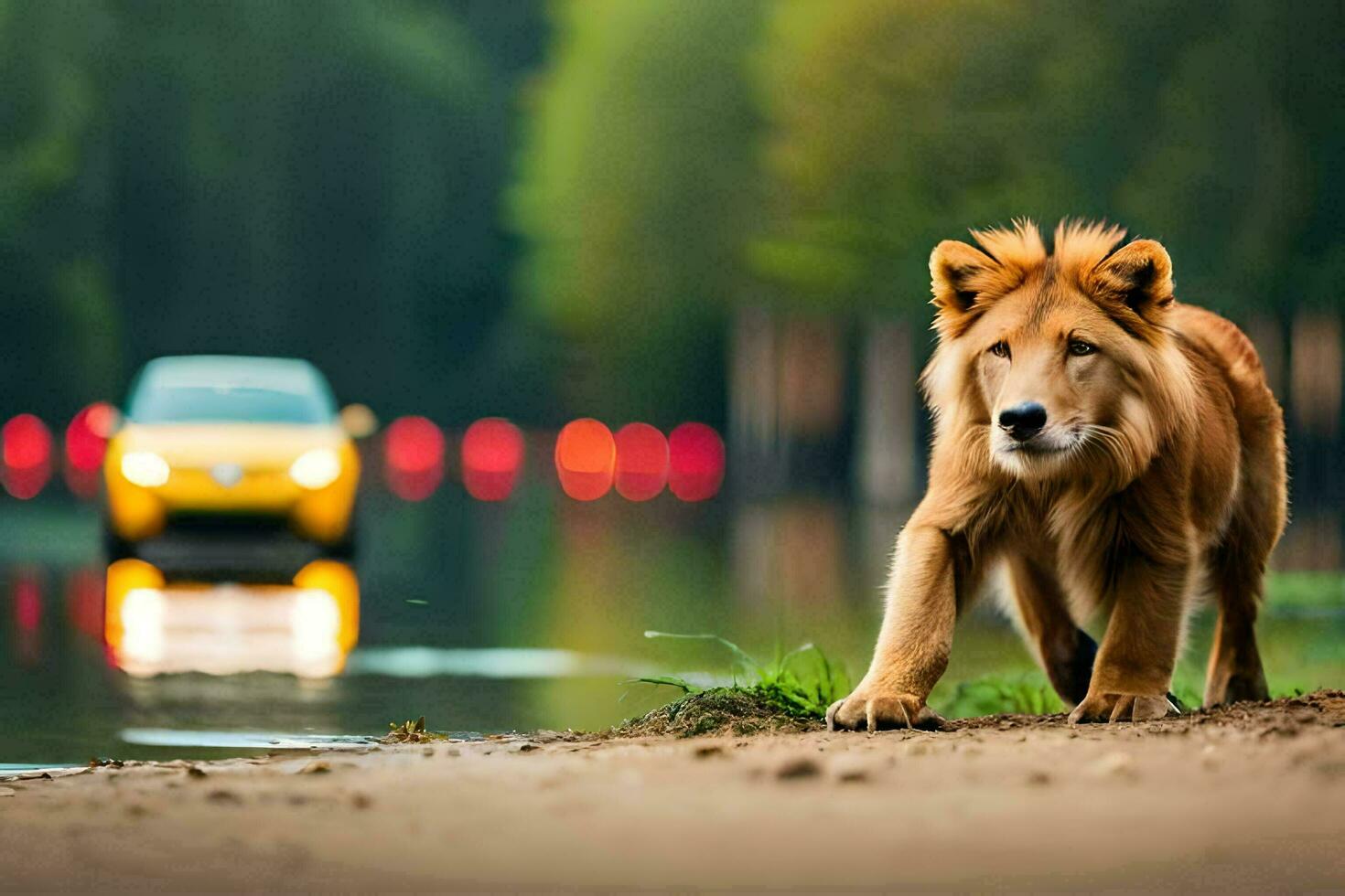 a lion walking along the road near a river. AI-Generated photo