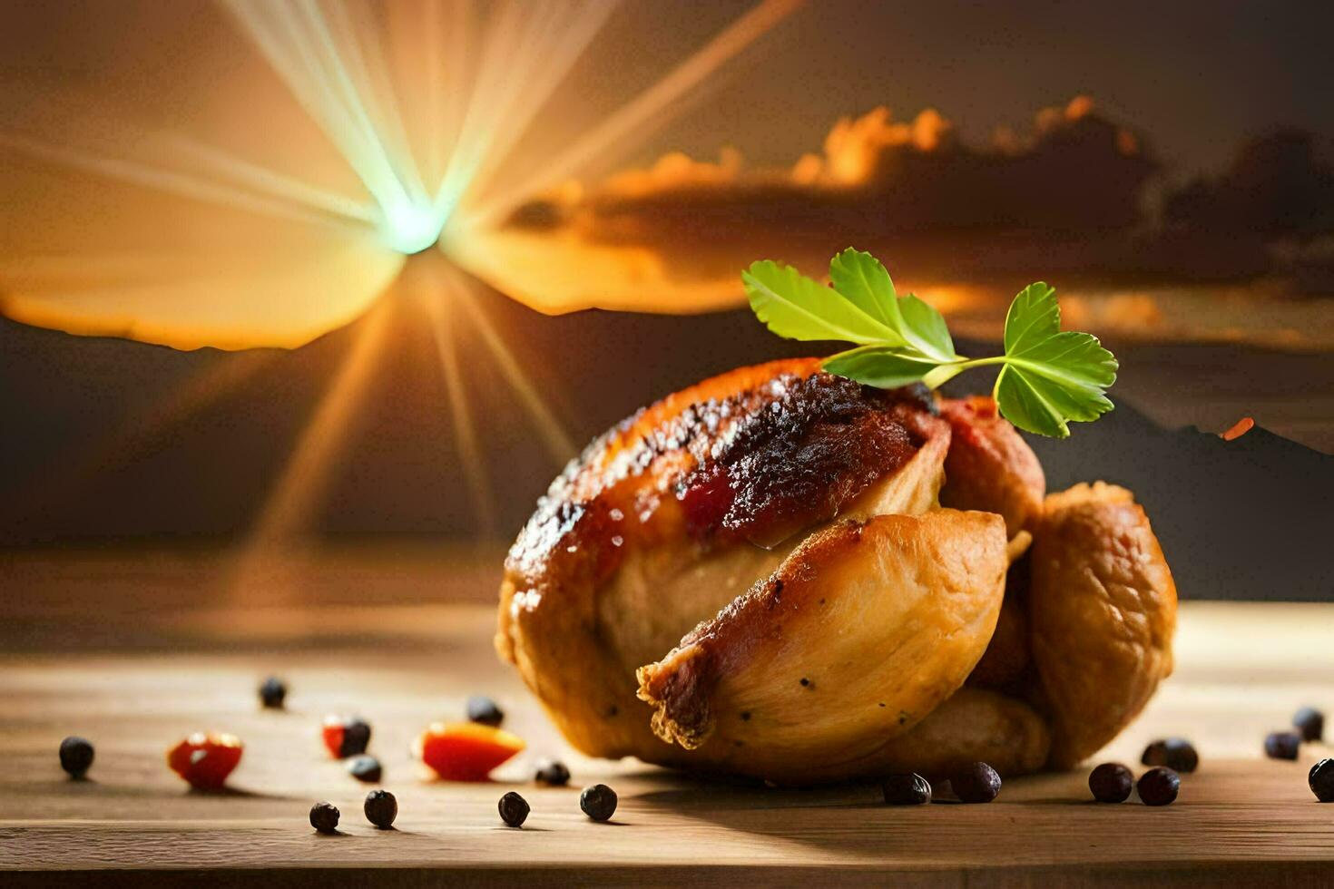 a chicken on a wooden table with a sunset in the background. AI-Generated photo