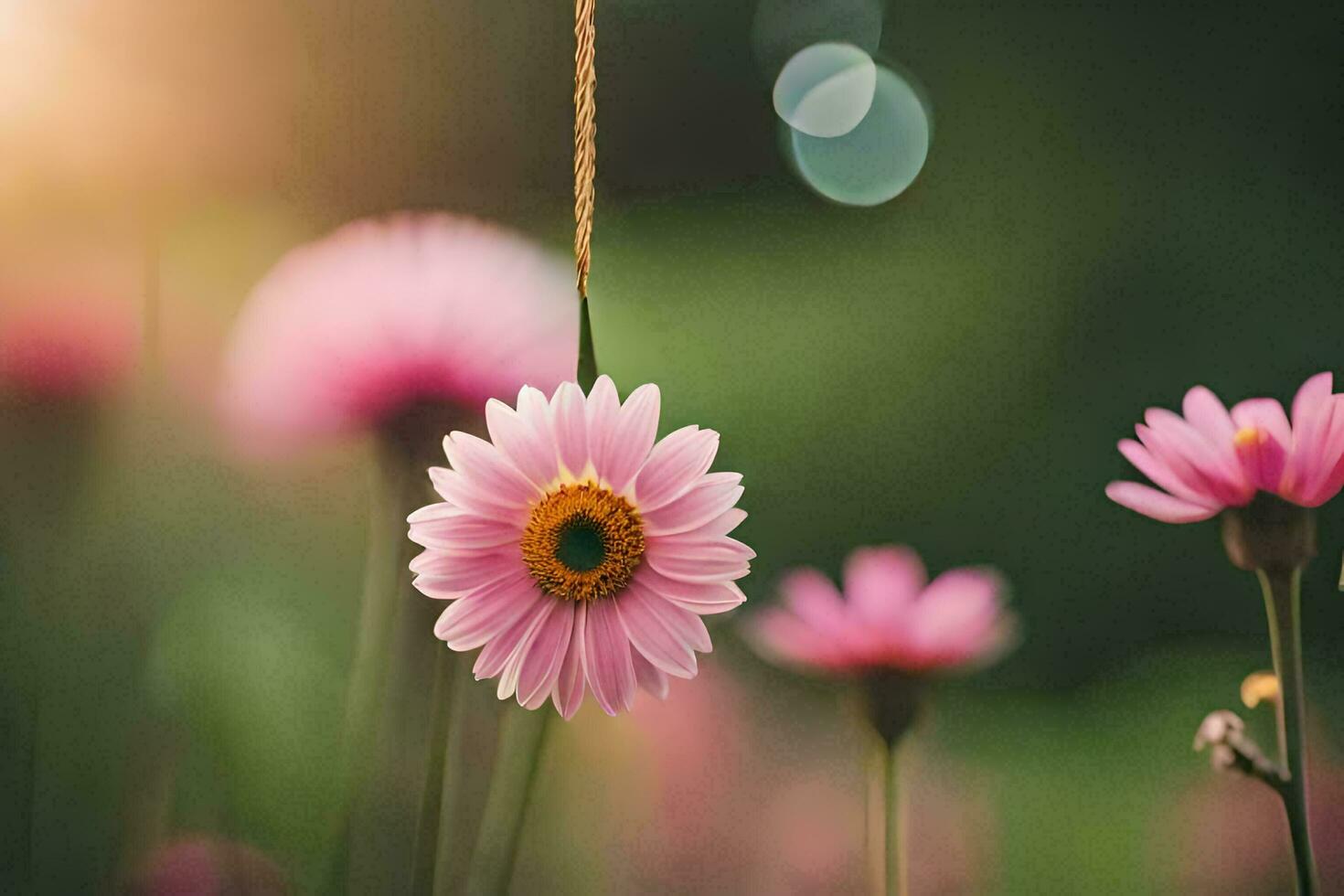 pink flowers hanging from a string in a field. AI-Generated photo