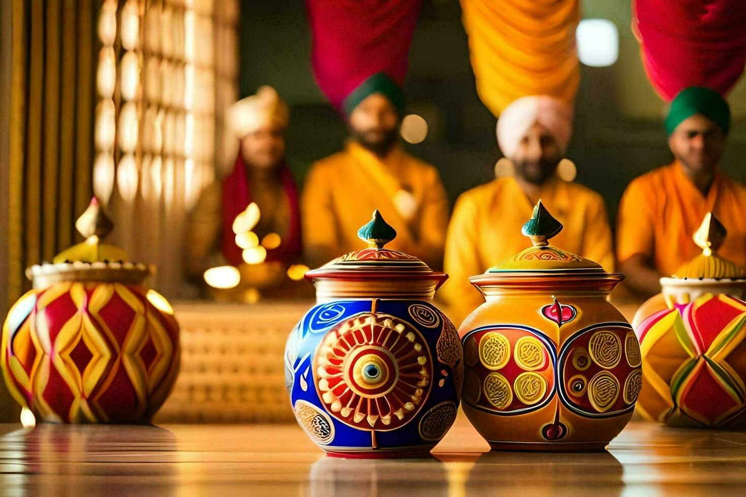 a group of people in indian garb sitting around a table with colorful pots. AI-Generated photo