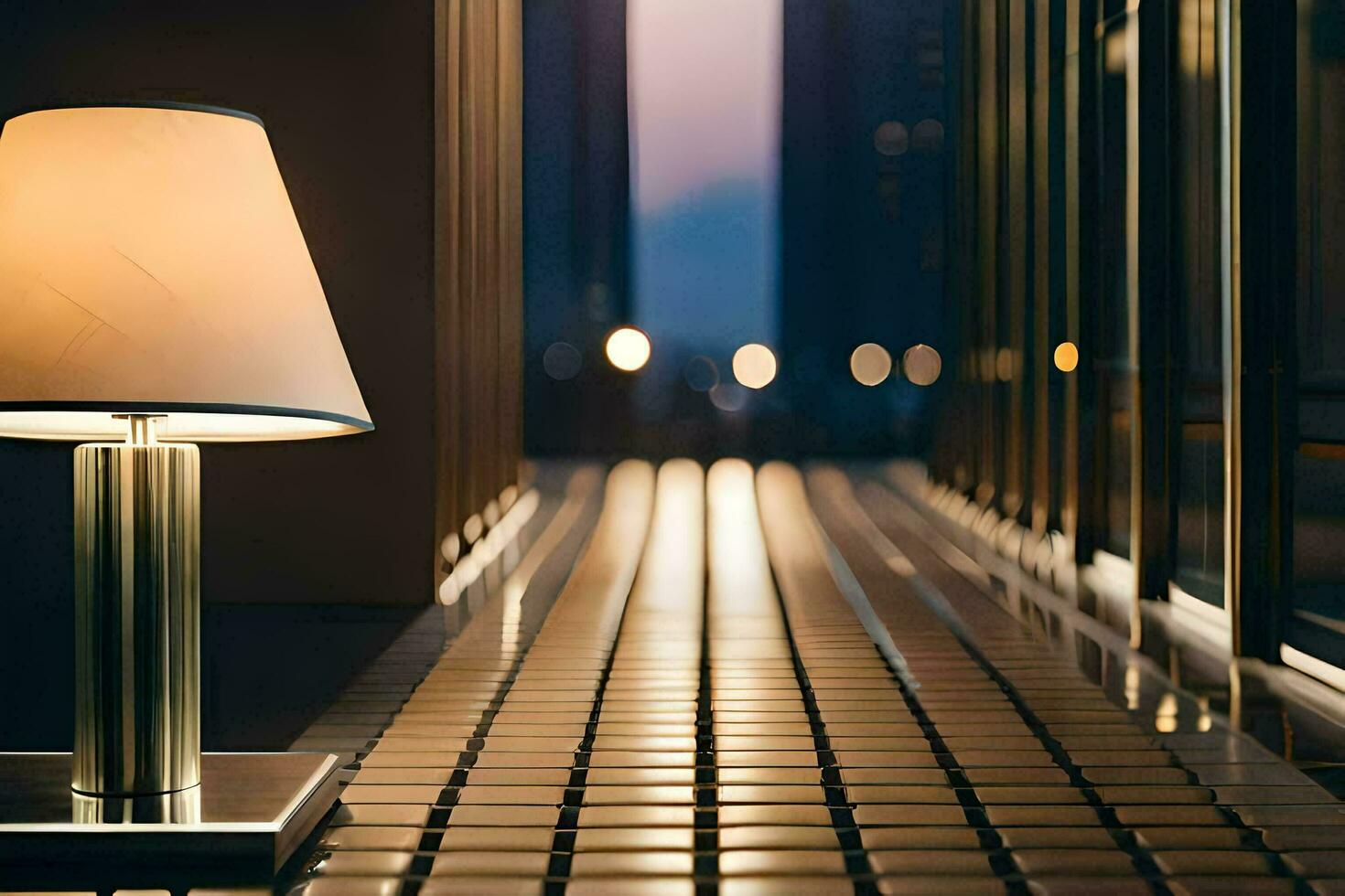 a lamp sitting on a table in front of a building. AI-Generated photo