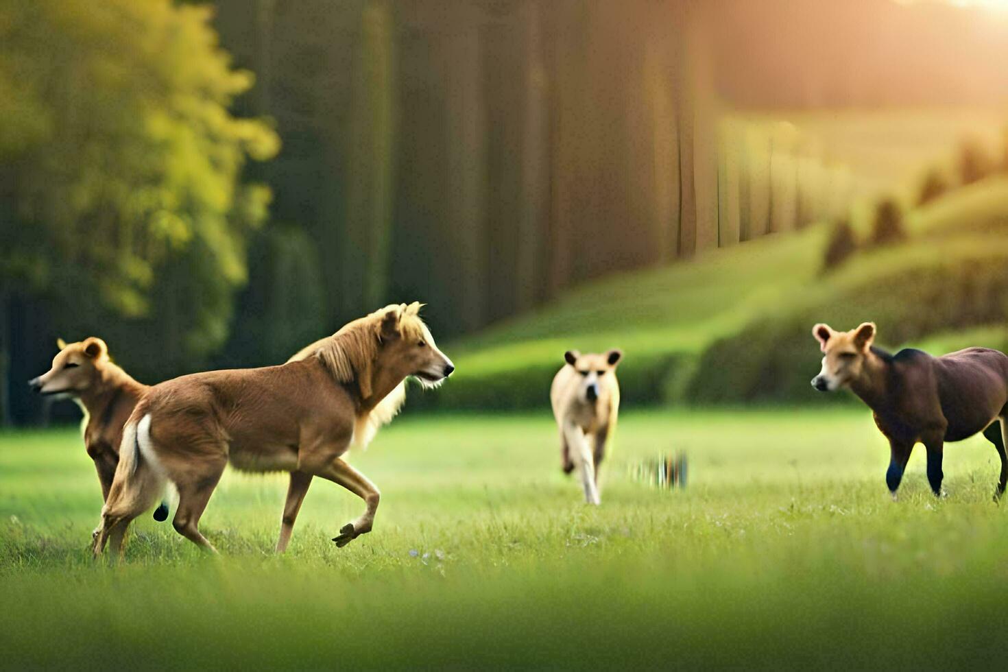 un grupo de caballos corriendo en el césped. generado por ai foto