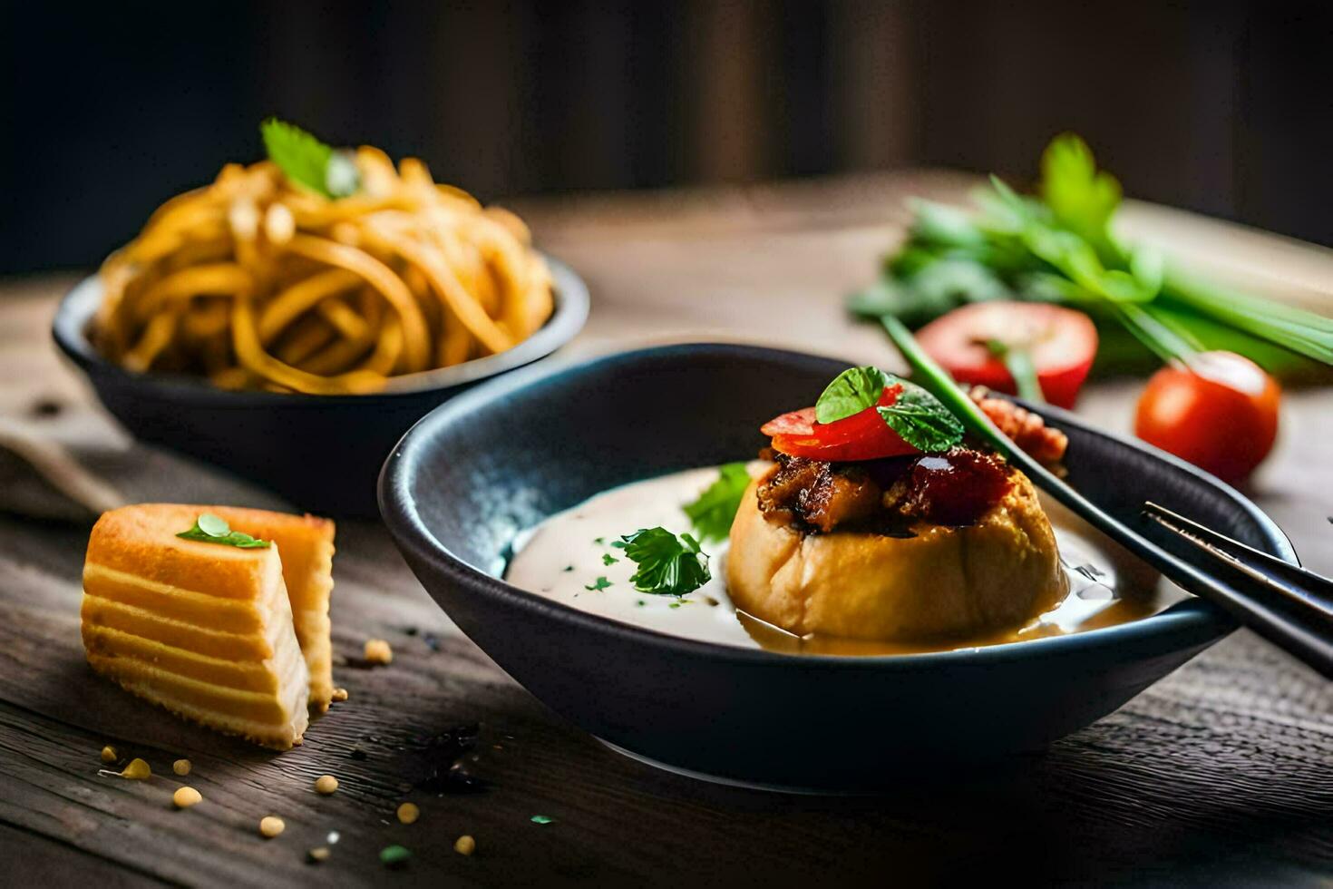 the food is served in a bowl with a fork and a knife. AI-Generated photo
