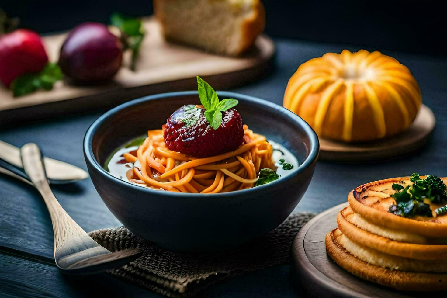 spaghetti with tomato and basil in a bowl. AI-Generated photo