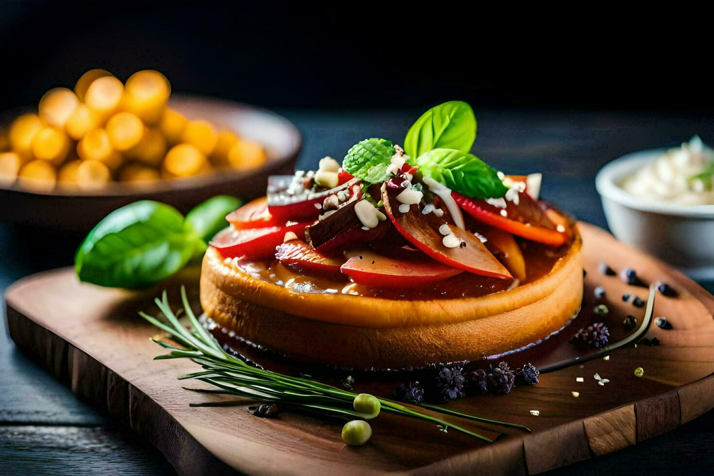 a dessert with apples and herbs on a wooden cutting board. AI-Generated photo