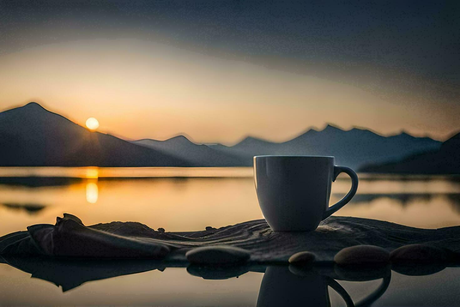 coffee cup on the lake, lake, mountains, sunrise, hd wallpaper. AI-Generated photo