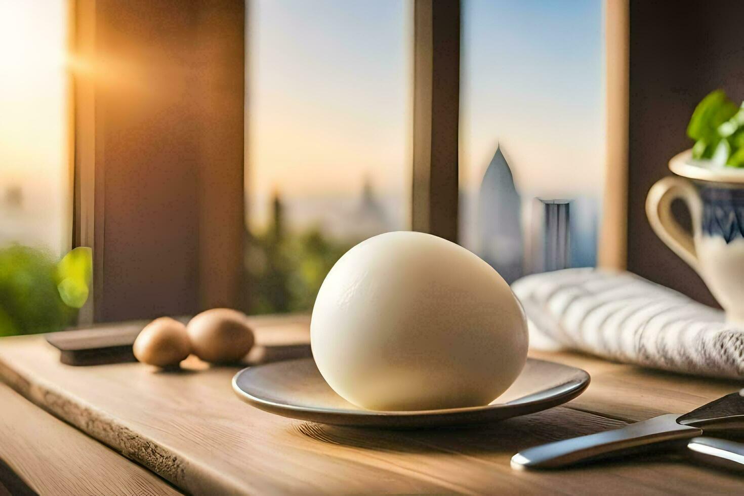 an egg on a plate with a knife and fork. AI-Generated photo