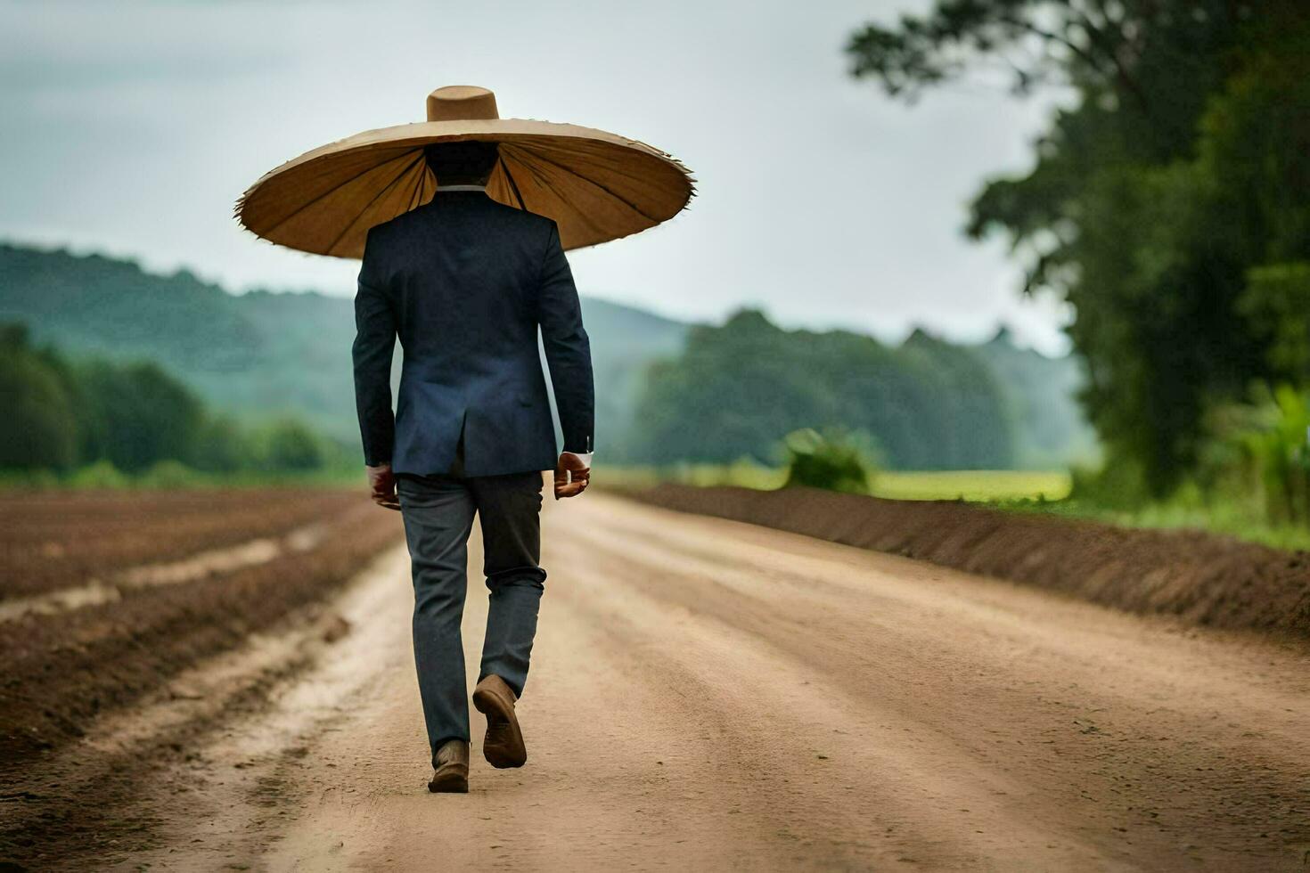 a man in a suit and hat walking down a dirt road. AI-Generated photo