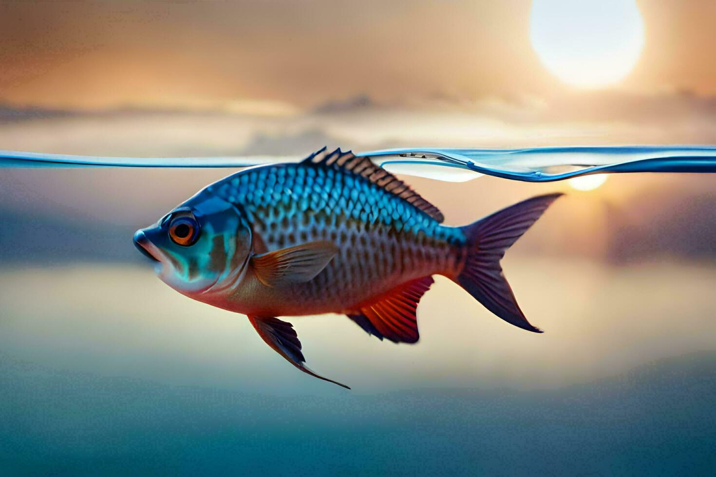 a fish swimming in the water at sunset. AI-Generated photo