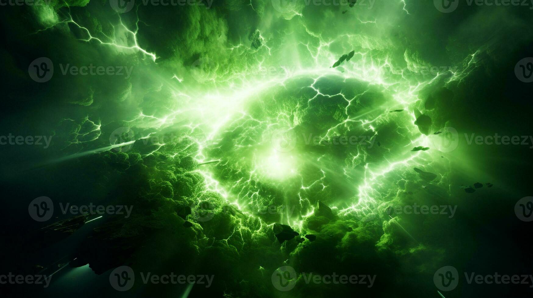 Explosion with green lighting. Generative AI photo