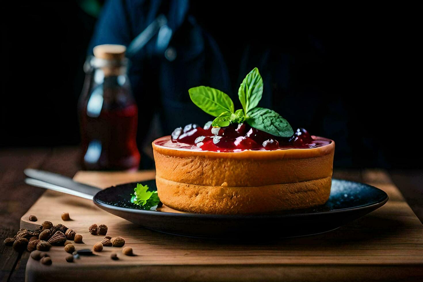 a cake with berries and mint on a black plate. AI-Generated photo