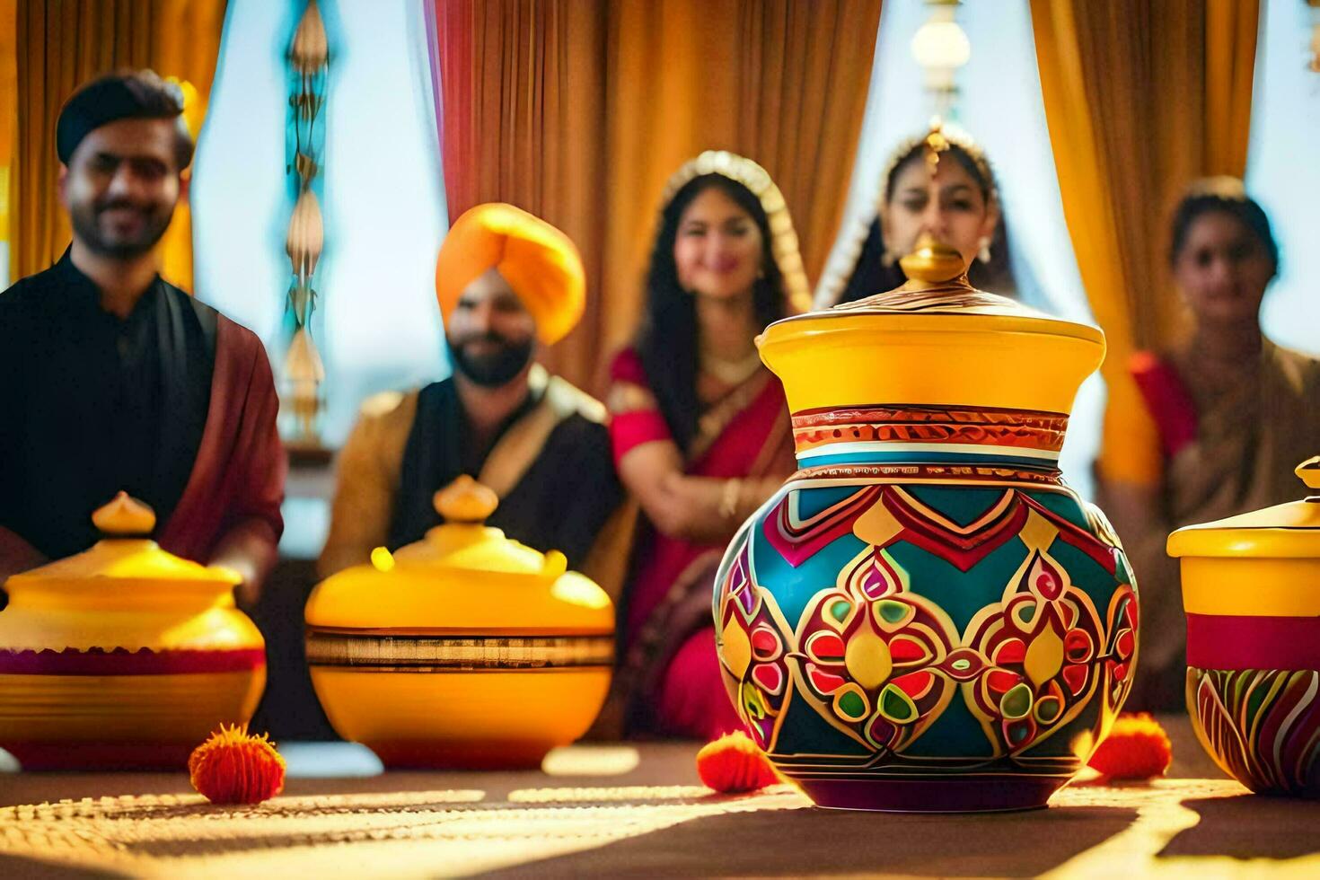 a group of people in indian attire are sitting around a table with colorful pots. AI-Generated photo