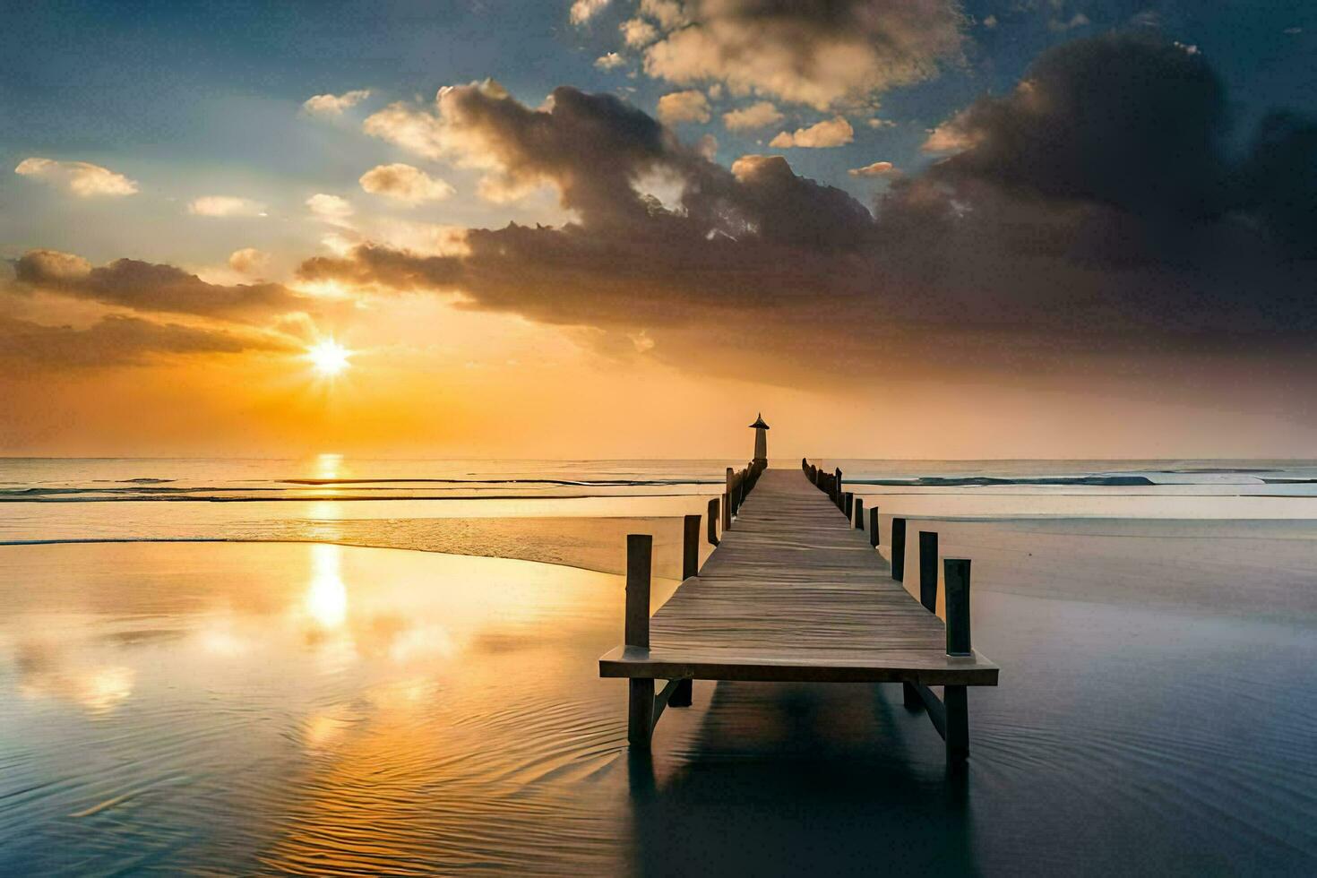 the sun rises over the ocean and pier at sunset. AI-Generated photo