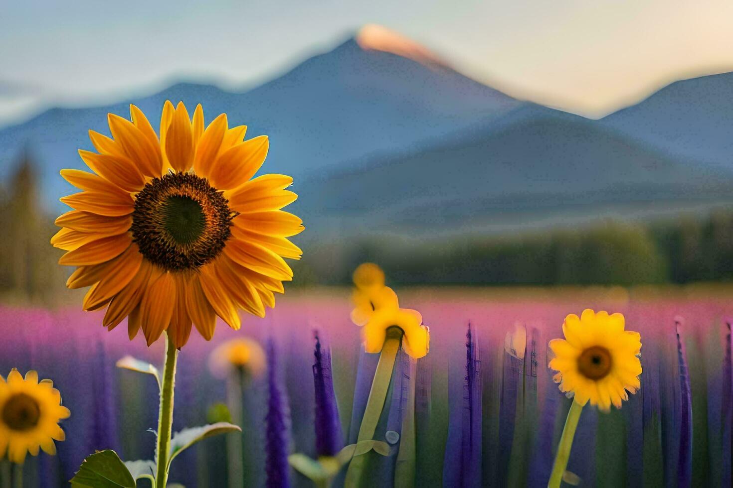 sunflower in the field with mountains in the background. AI-Generated photo