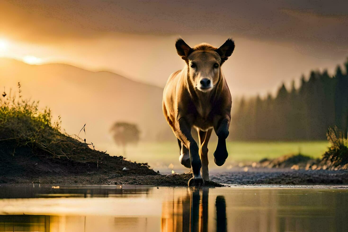 a cow walking across a river at sunset. AI-Generated photo