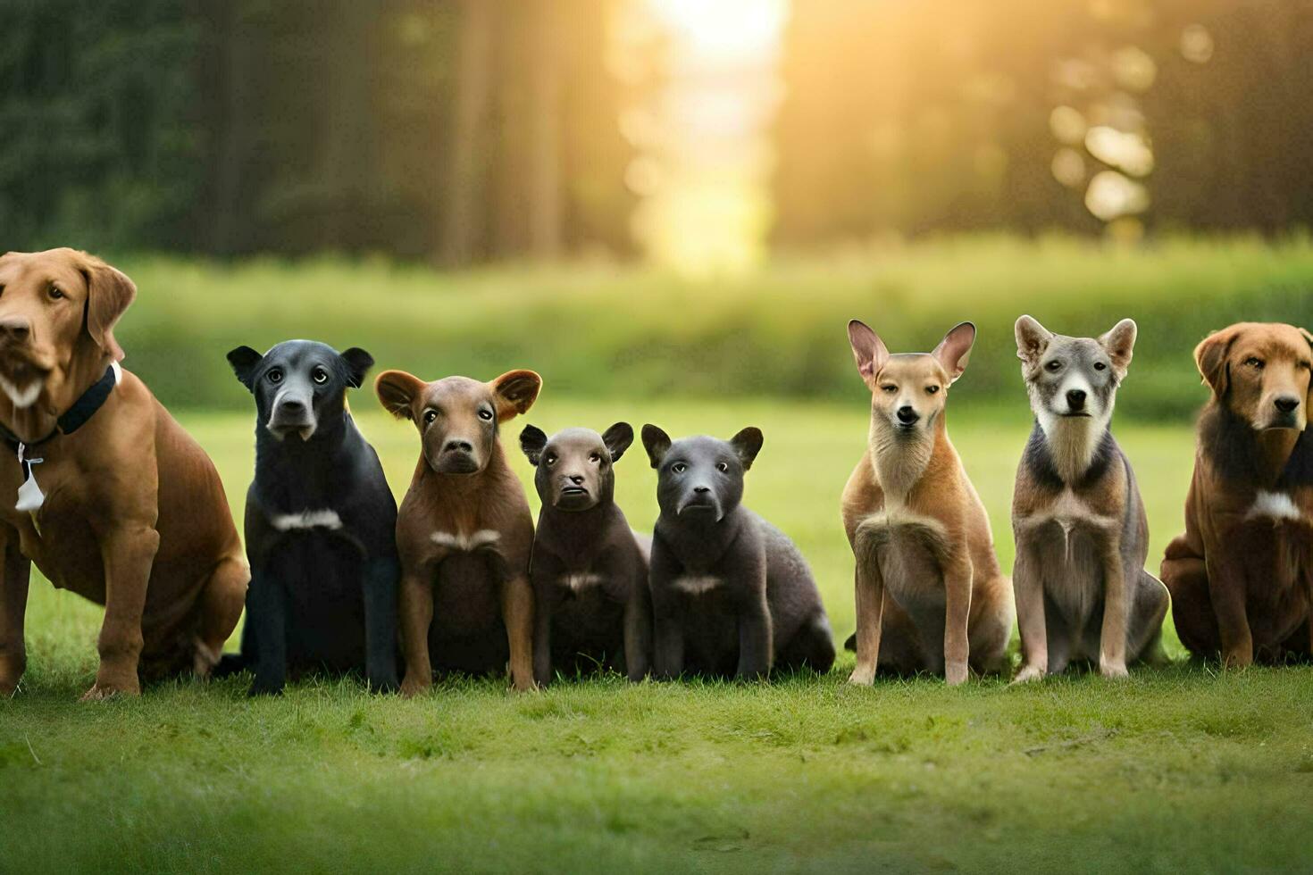 un grupo de perros sentado en el césped. generado por ai foto