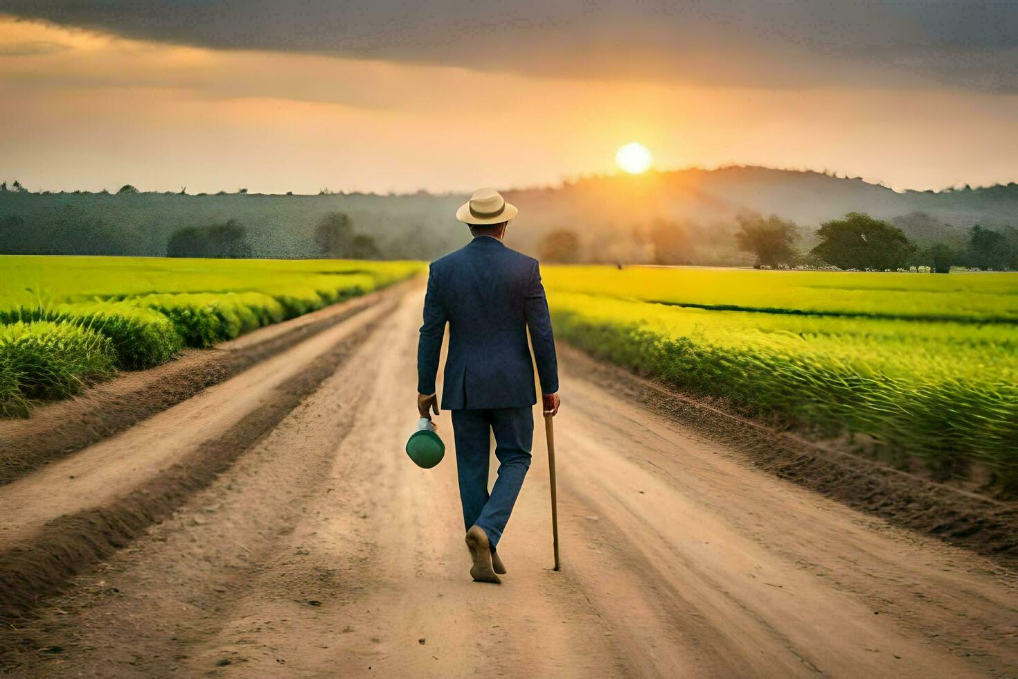 a man in a suit walks down a dirt road with a cane. AI-Generated photo